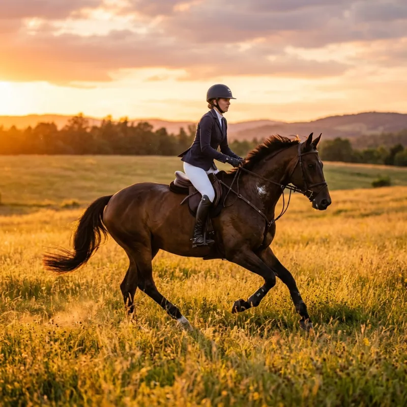 Equestrian riding at golden sunset